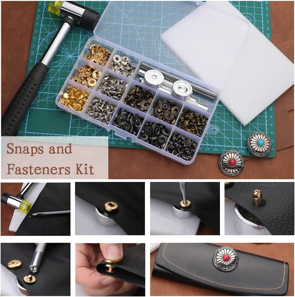 IMZAY 243pcs Leather Working Tools and Supplies with Instruction Leather Stamping Tools Snaps and Fasteners Kit Waxed Thread Cord Cutting Mat Leather